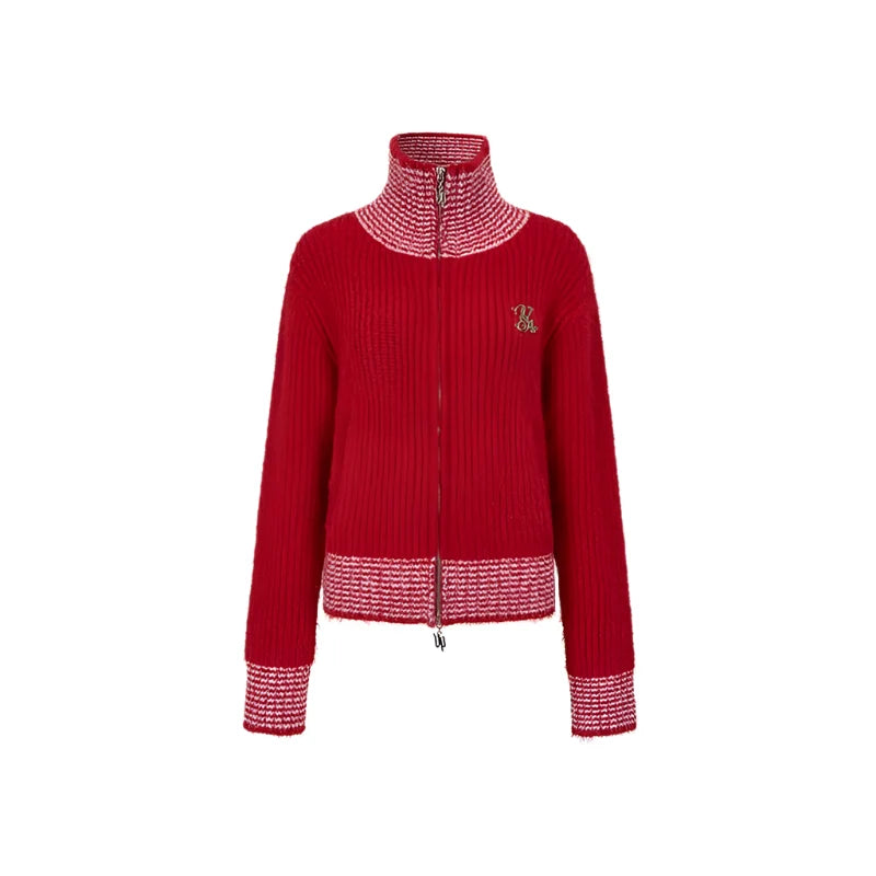 High Neck Contrast Knit Cardigan