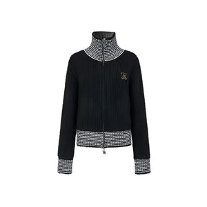 High Neck Contrast Knit Cardigan