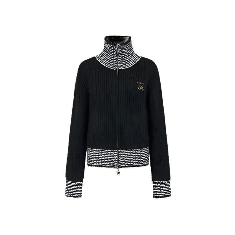 High Neck Contrast Knit Cardigan
