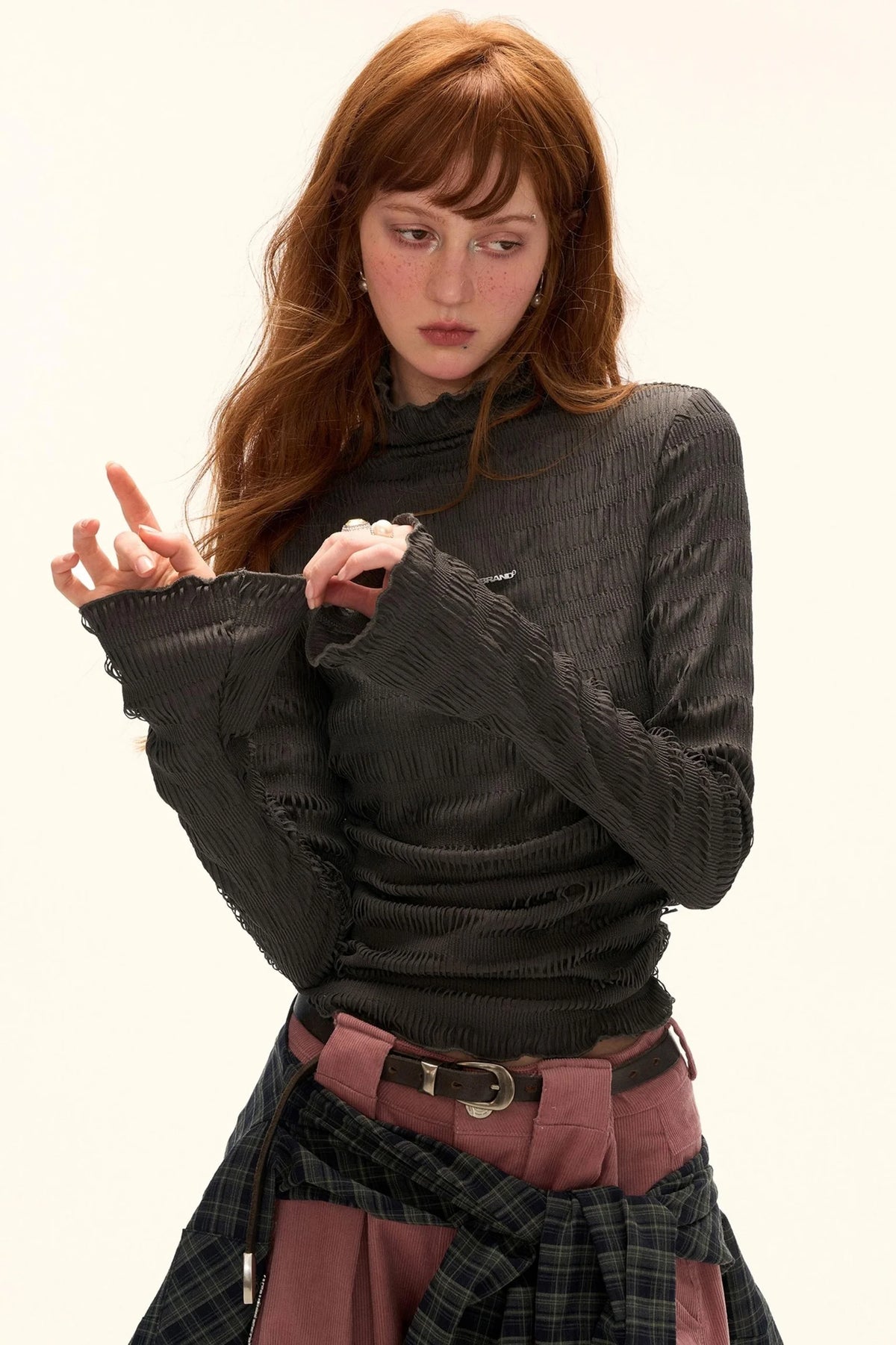 High-Neck Knitted Striped Slimming Shirt