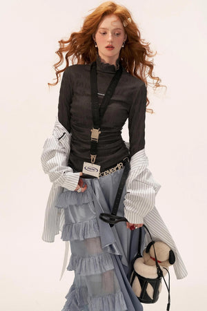 High-Neck Knitted Striped Slimming Shirt