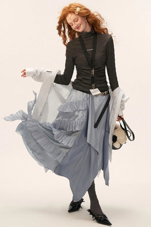 High-Neck Knitted Striped Slimming Shirt