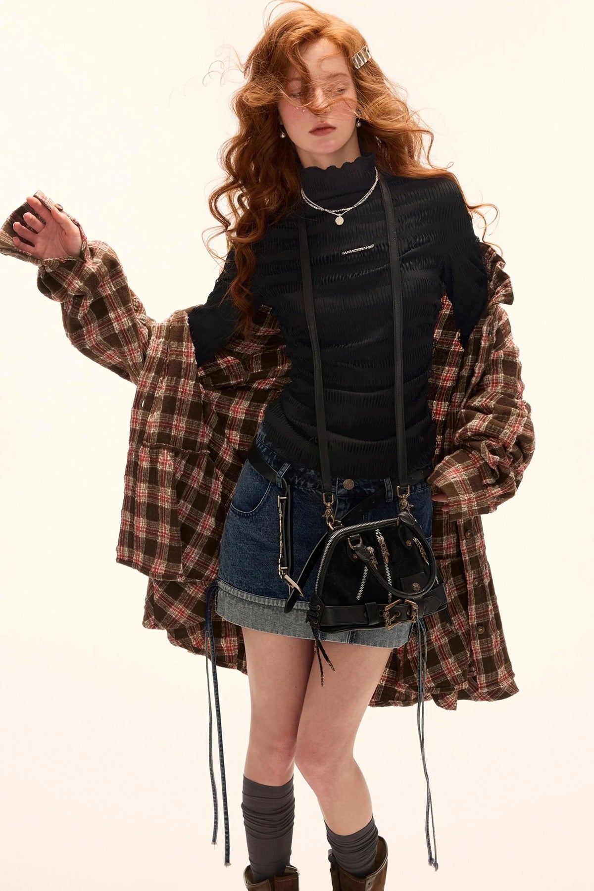 High-Neck Knitted Striped Slimming Shirt