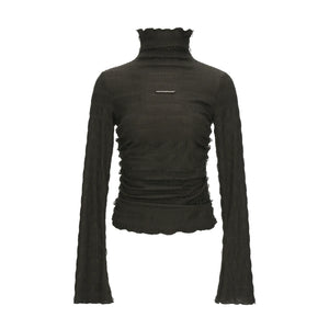 High-Neck Knitted Striped Slimming Shirt