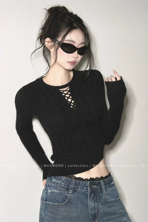 High-Stretch Lace-Up Knit Top