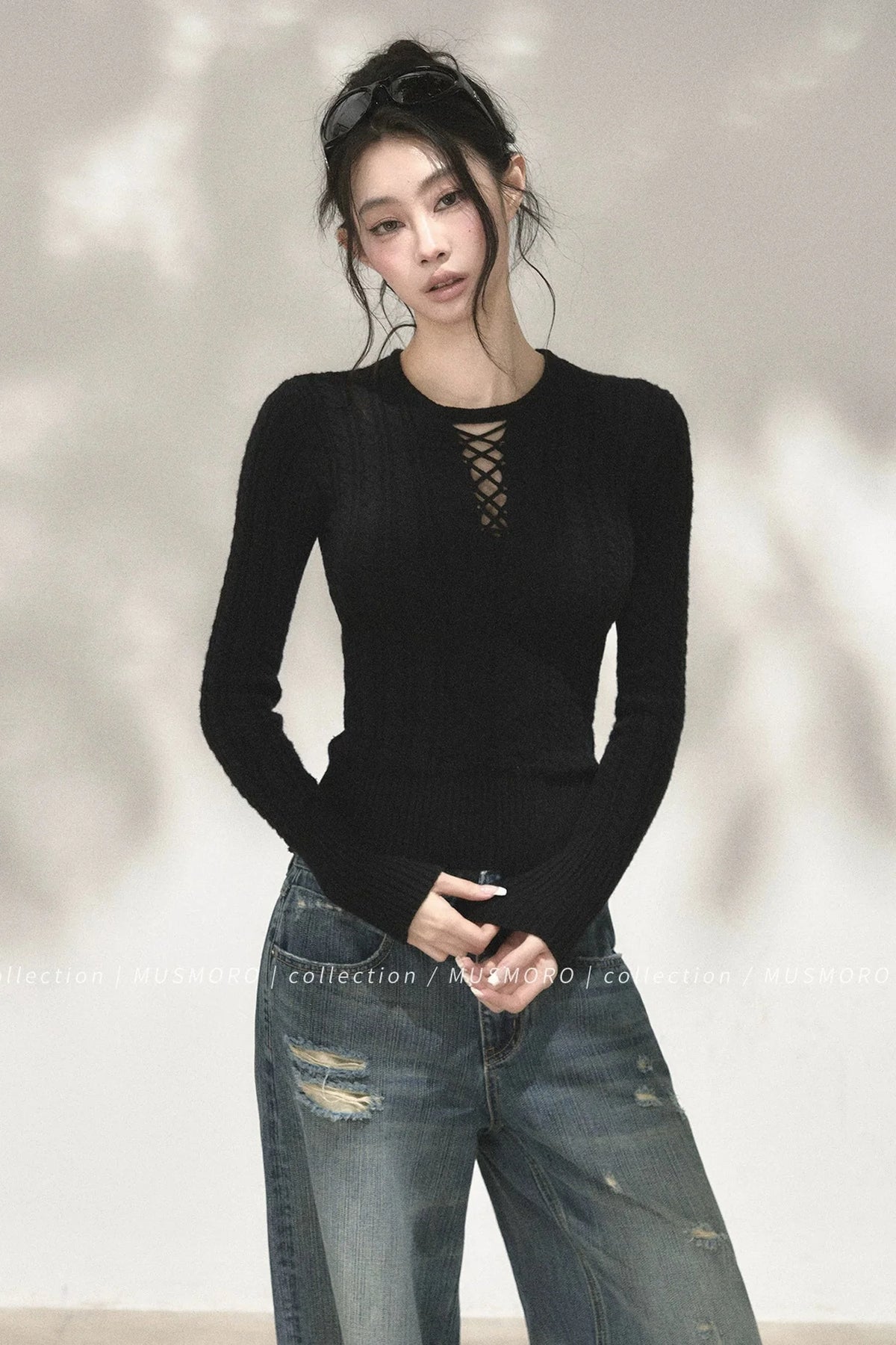 High-Stretch Lace-Up Knit Top