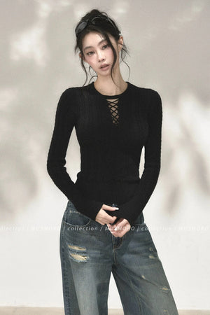 High-Stretch Lace-Up Knit Top