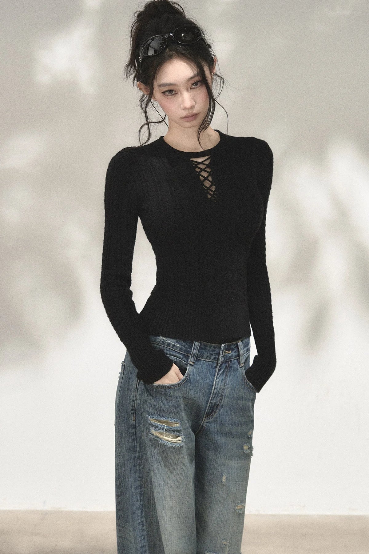 High-Stretch Lace-Up Knit Top
