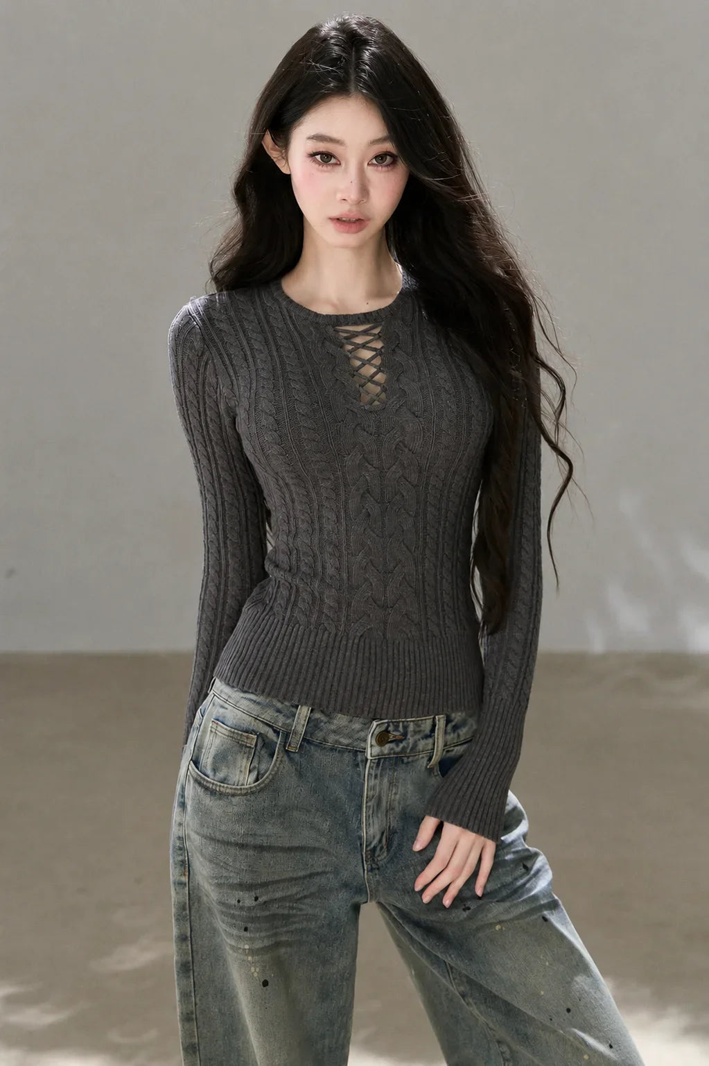High-Stretch Lace-Up Knit Top
