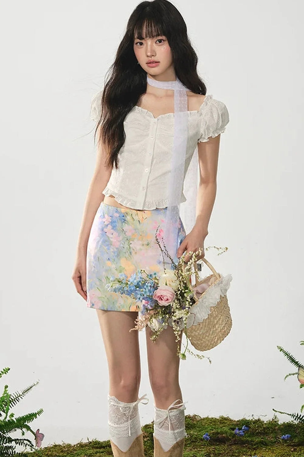 High-Waist Floral A-Line Skirt