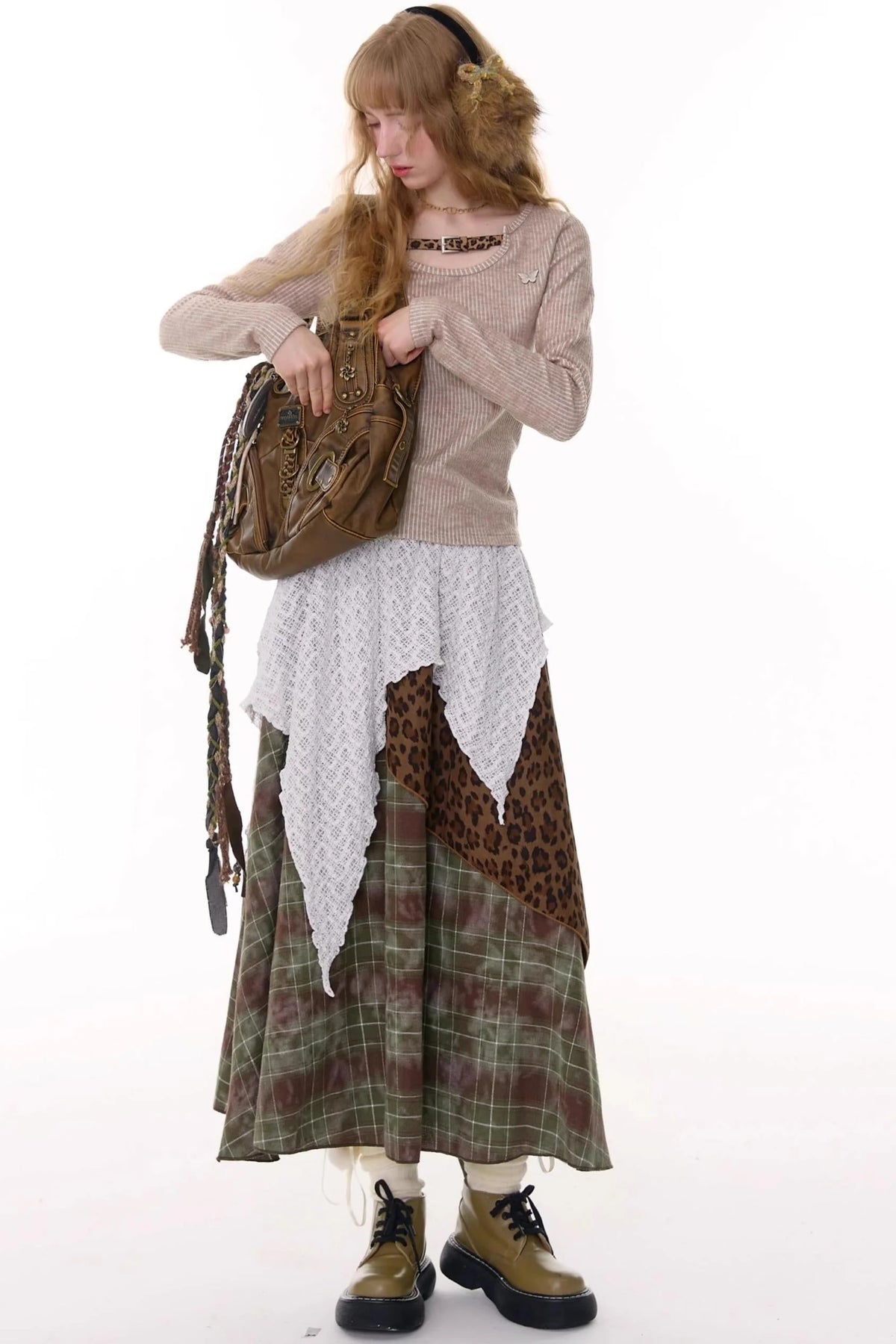 High Waist Irregular Plaid Leopard Print Midi Skirt