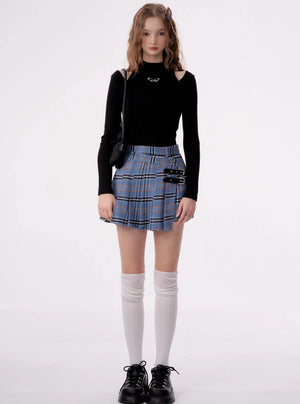 High waist pleated tweed plaid Skirt