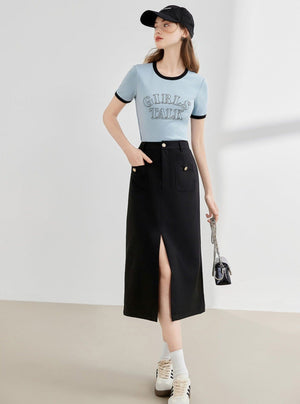 High Waist Pocket Design Sense Slit Skirt