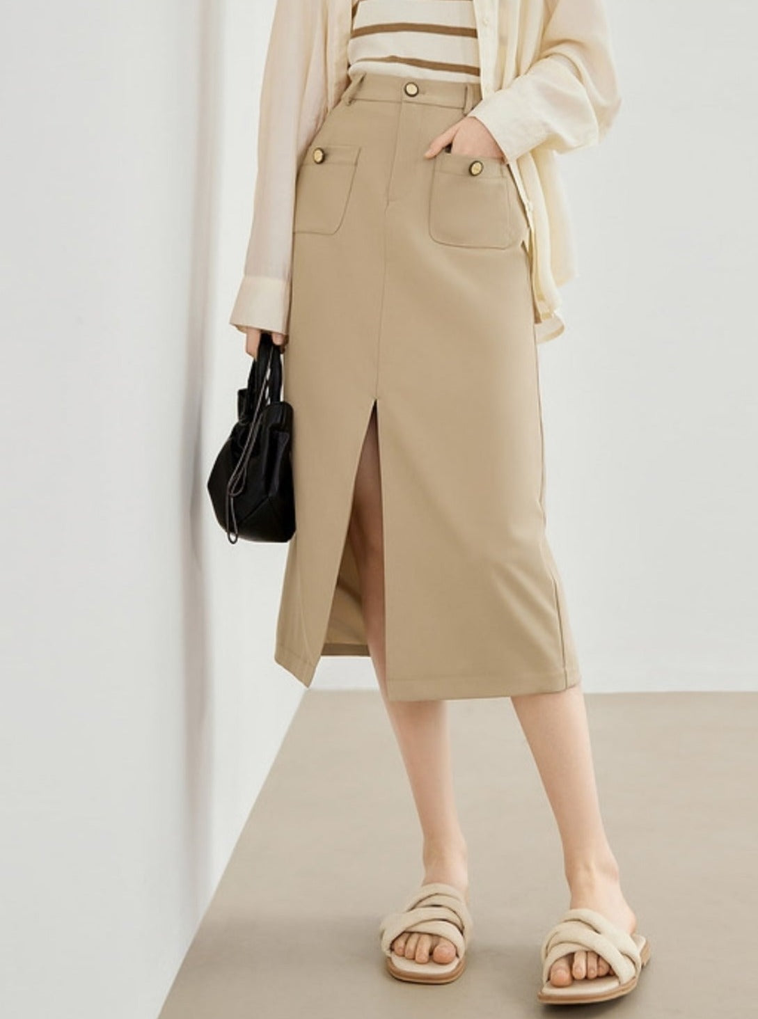 High Waist Pocket Design Sense Slit Skirt