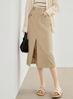 High Waist Pocket Design Sense Slit Skirt