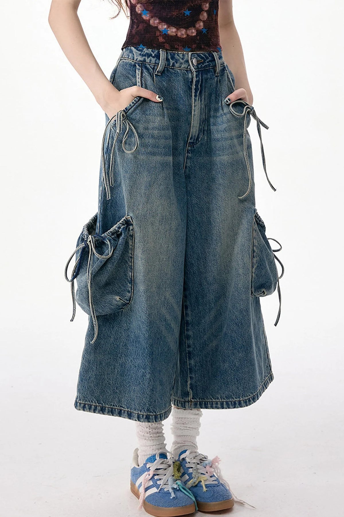 High-Waist Tie-Waist Cargo Denim Wide-Leg Pants