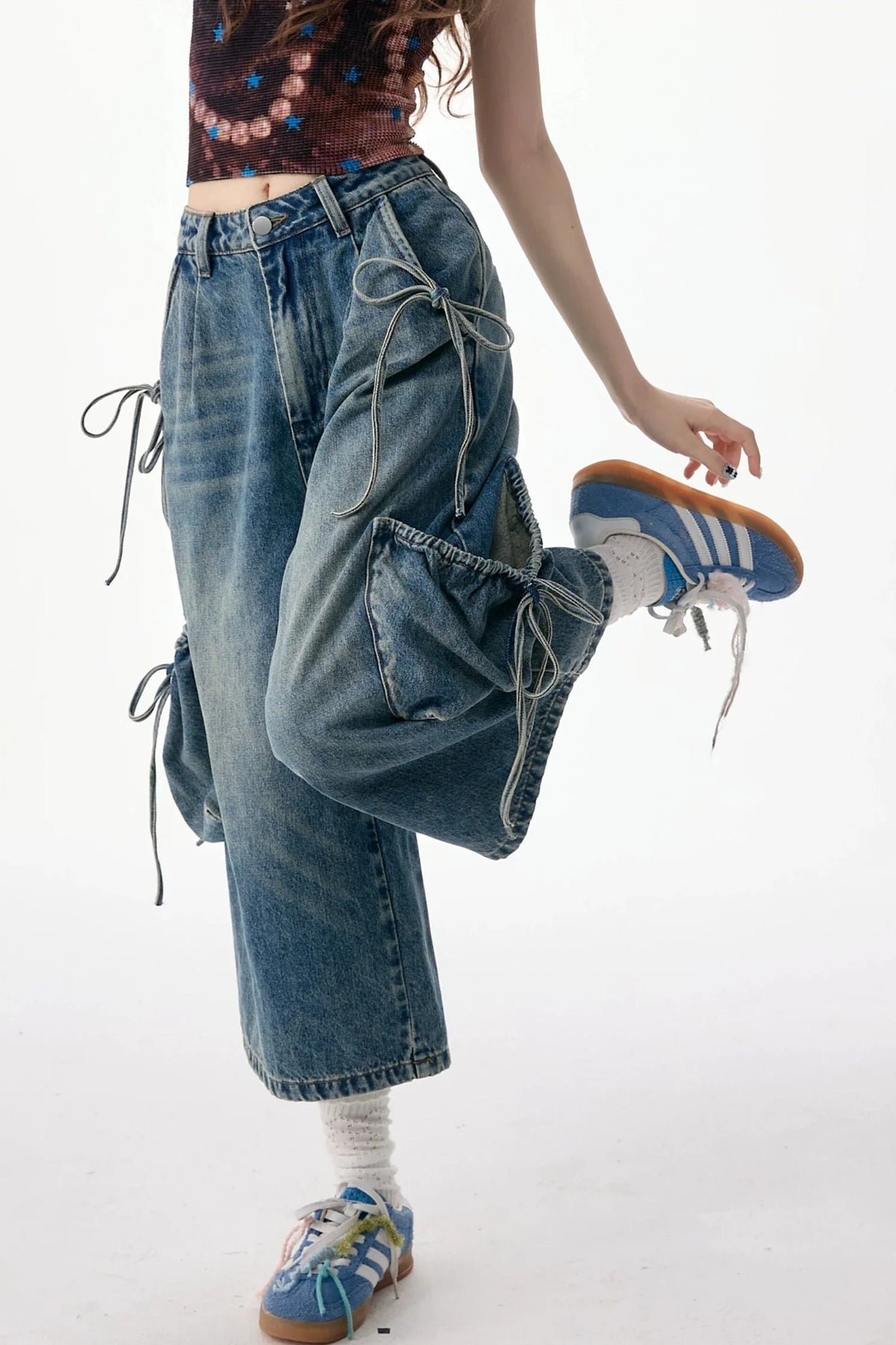 High-Waist Tie-Waist Cargo Denim Wide-Leg Pants