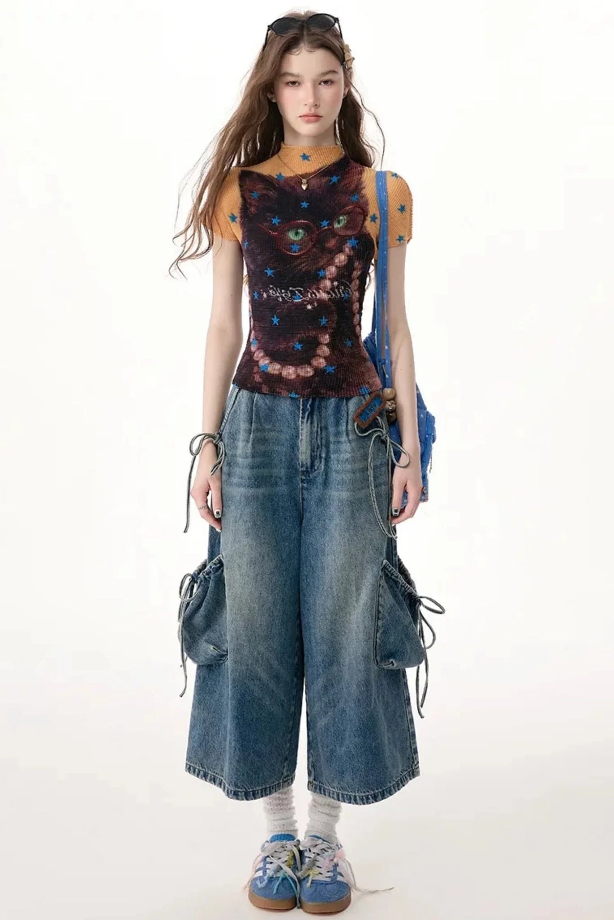 High-Waist Tie-Waist Cargo Denim Wide-Leg Pants