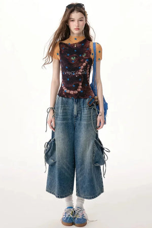 High-Waist Tie-Waist Cargo Denim Wide-Leg Pants