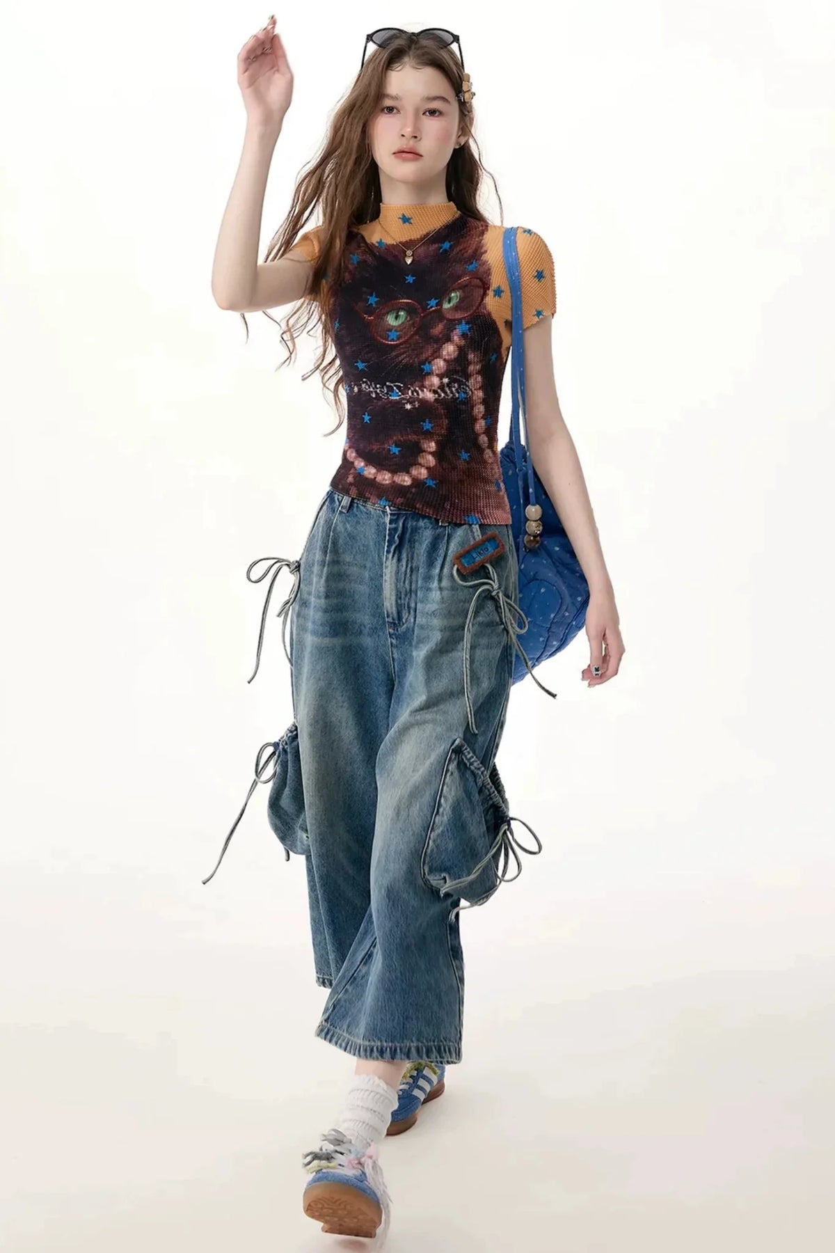 High-Waist Tie-Waist Cargo Denim Wide-Leg Pants
