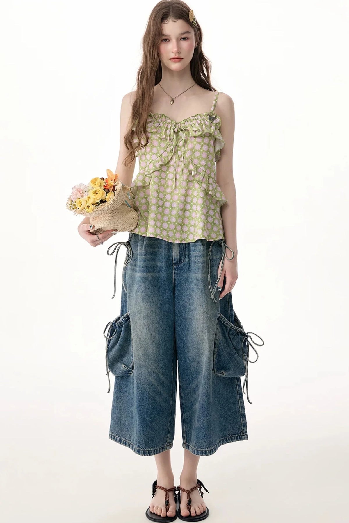 High-Waist Tie-Waist Cargo Denim Wide-Leg Pants