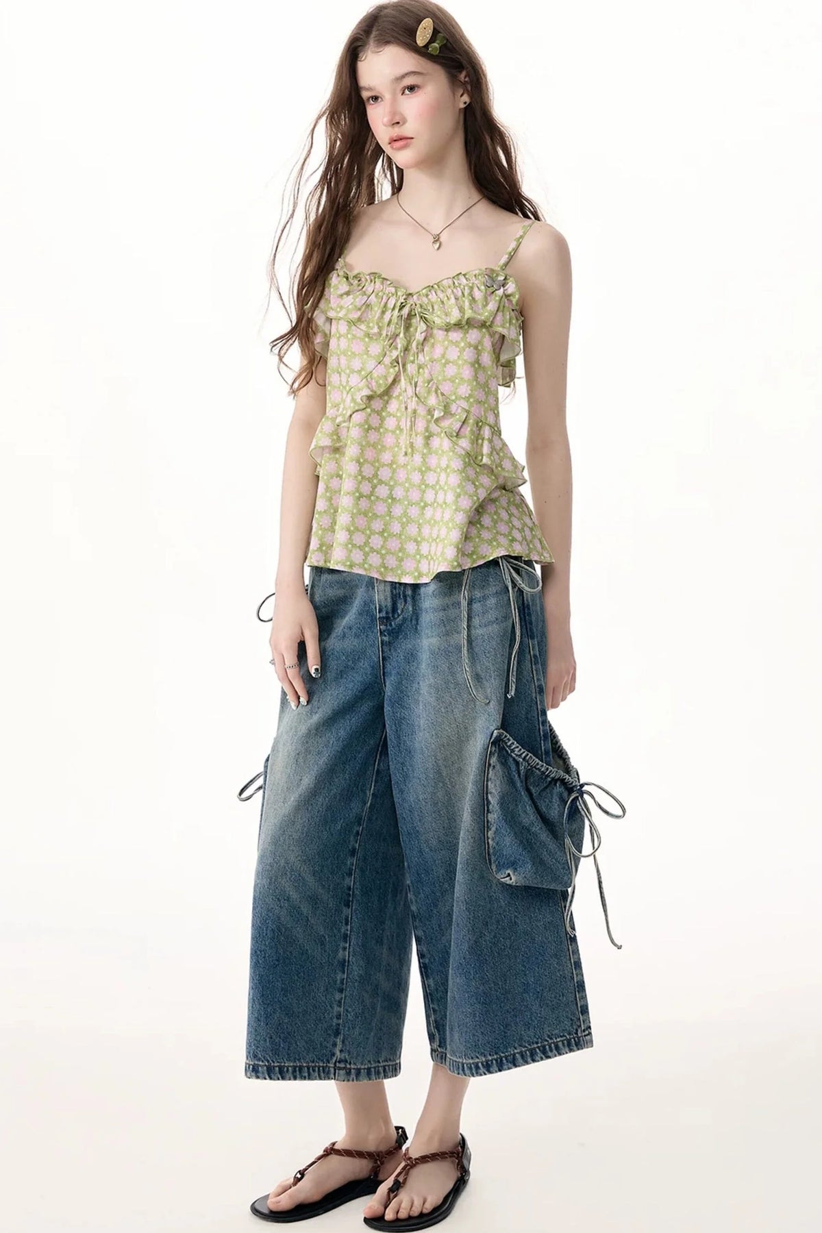 High-Waist Tie-Waist Cargo Denim Wide-Leg Pants