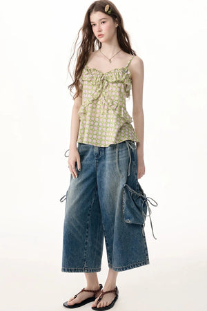 High-Waist Tie-Waist Cargo Denim Wide-Leg Pants