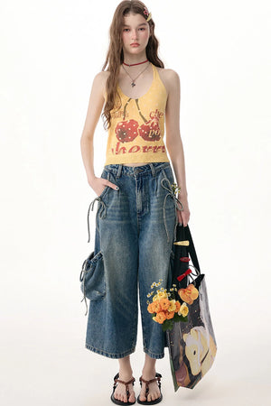 High-Waist Tie-Waist Cargo Denim Wide-Leg Pants