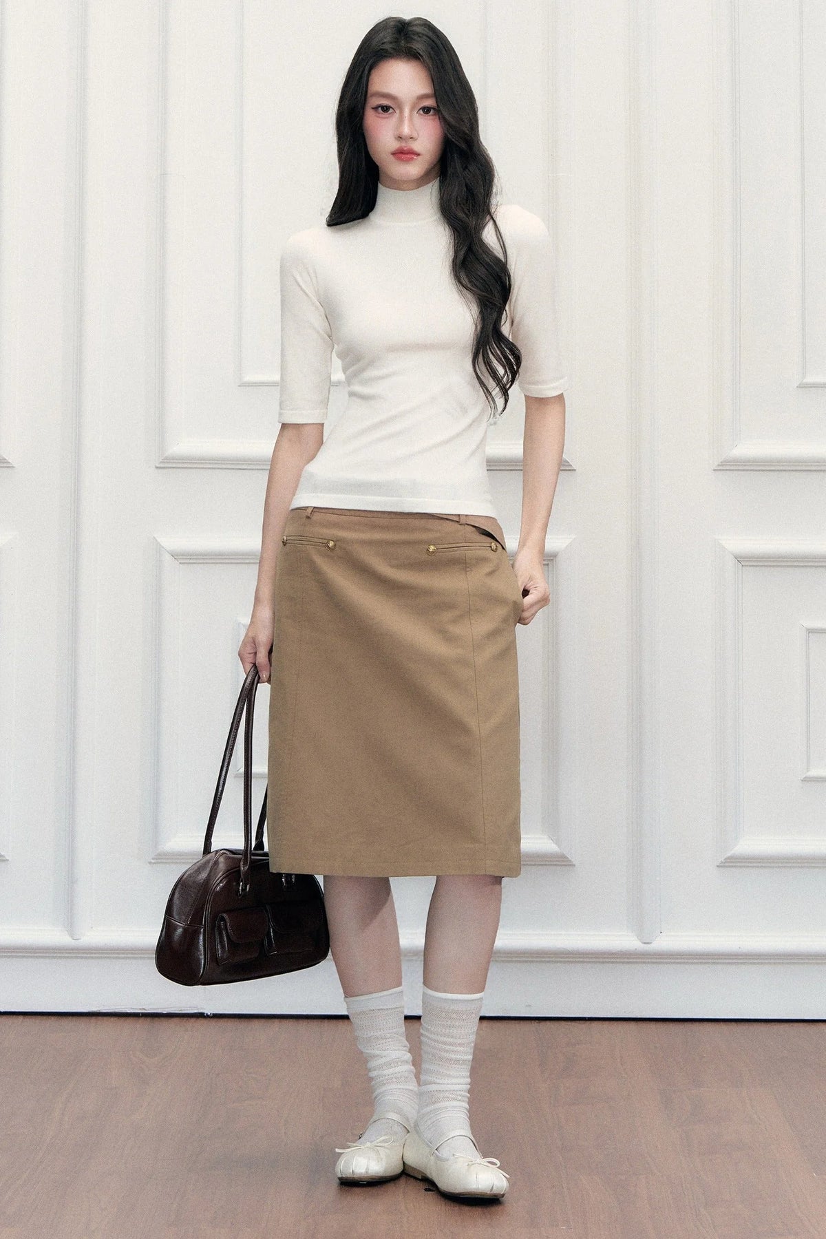 High-Waisted A-Line Midi Skirt