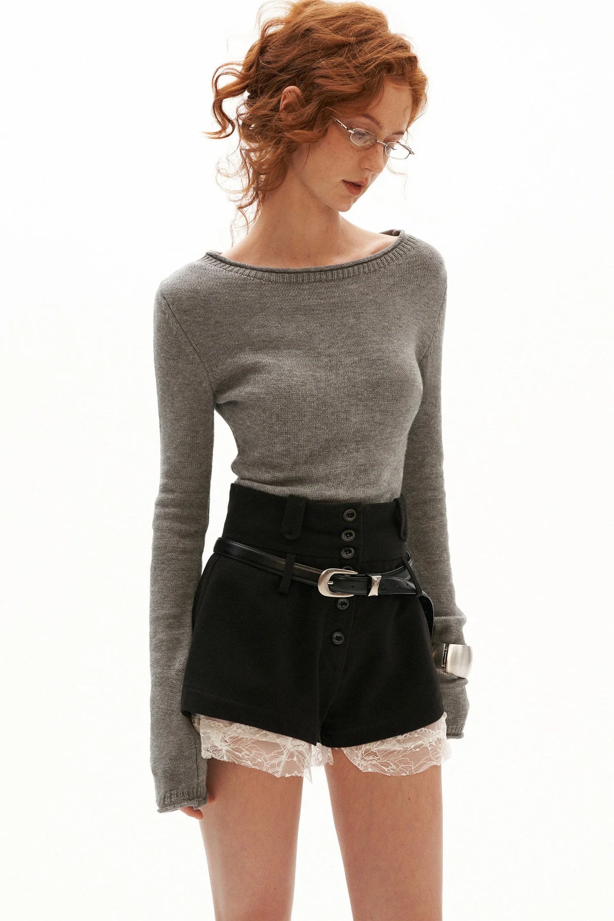 High-Waisted Buttoned Lace-Hem A-Line Shorts