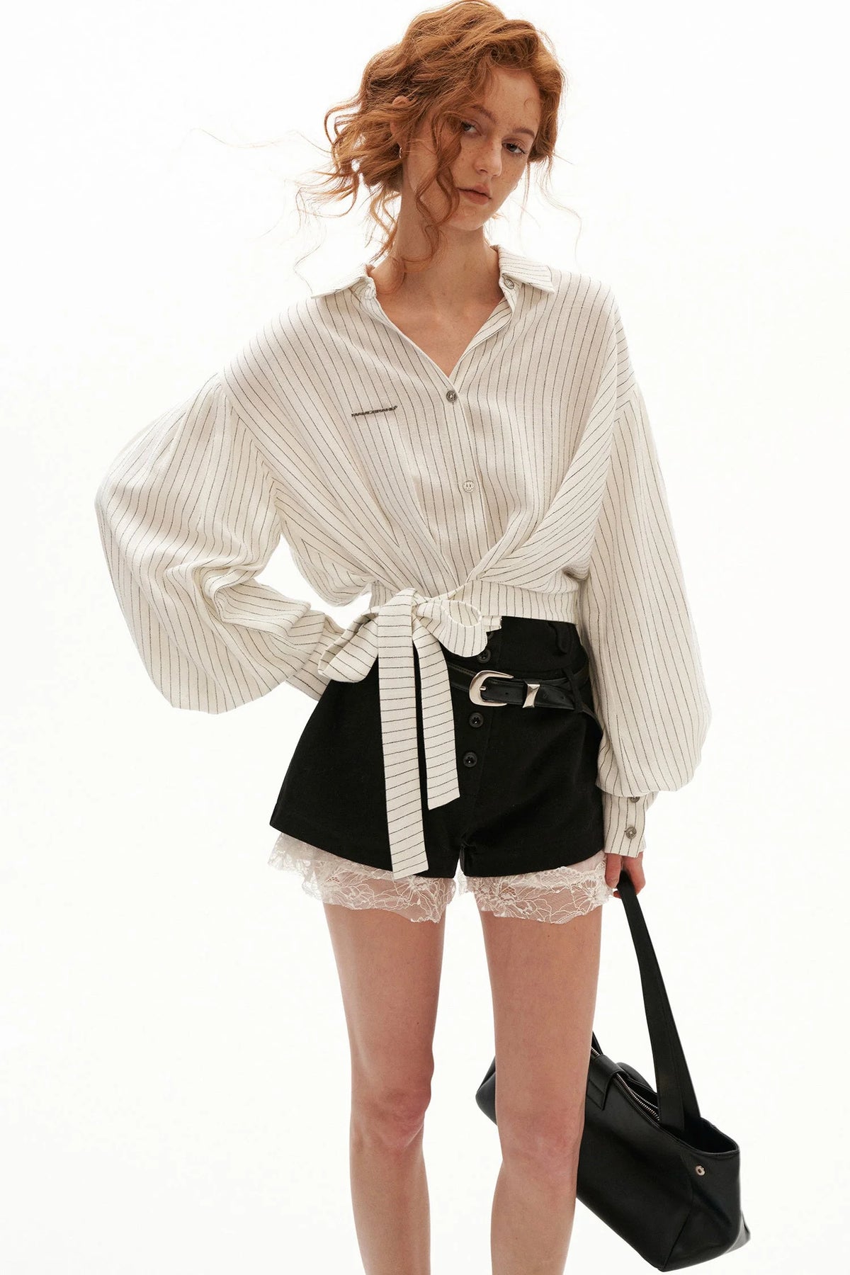 High-Waisted Buttoned Lace-Hem A-Line Shorts