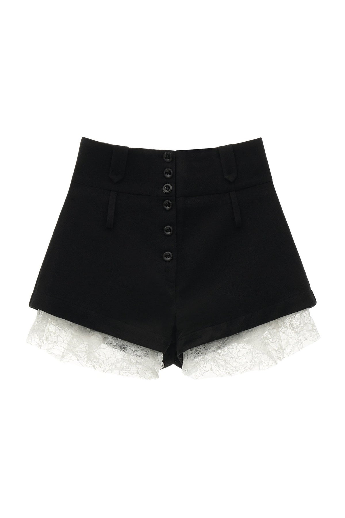 High-Waisted Buttoned Lace-Hem A-Line Shorts