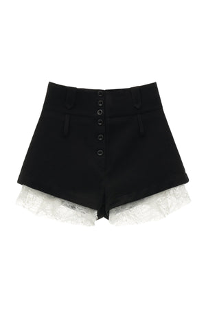 High-Waisted Buttoned Lace-Hem A-Line Shorts