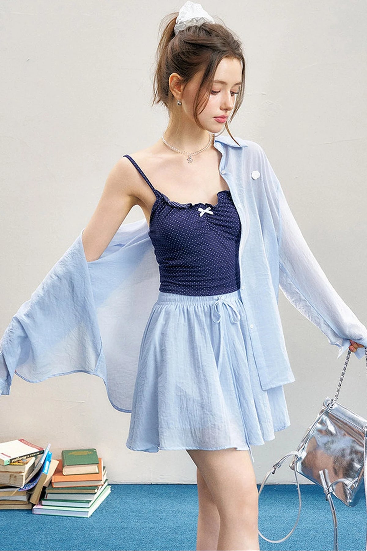 High-Waisted Camisole Shirt Skirt Set-Up