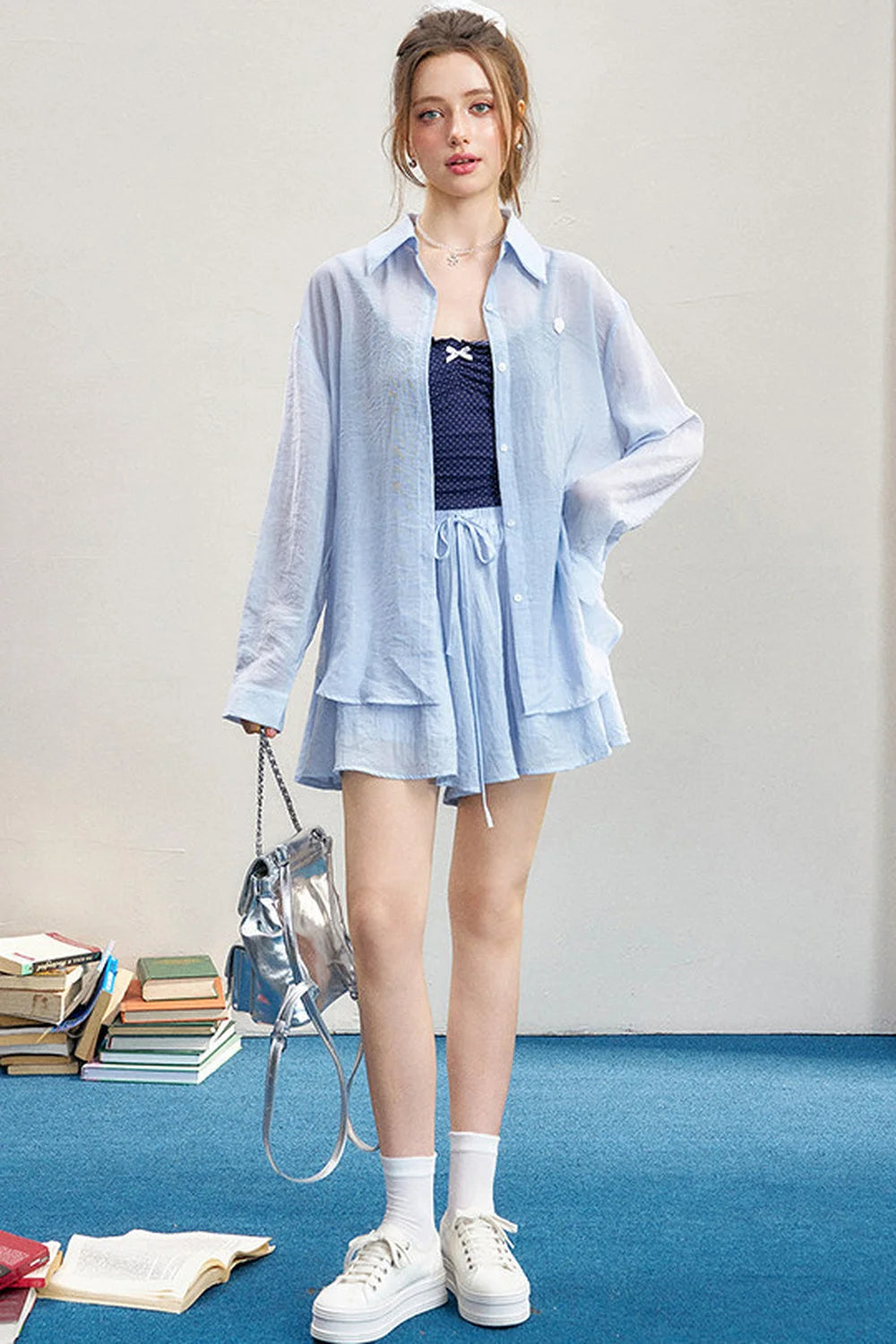 High-Waisted Camisole Shirt Skirt Set-Up
