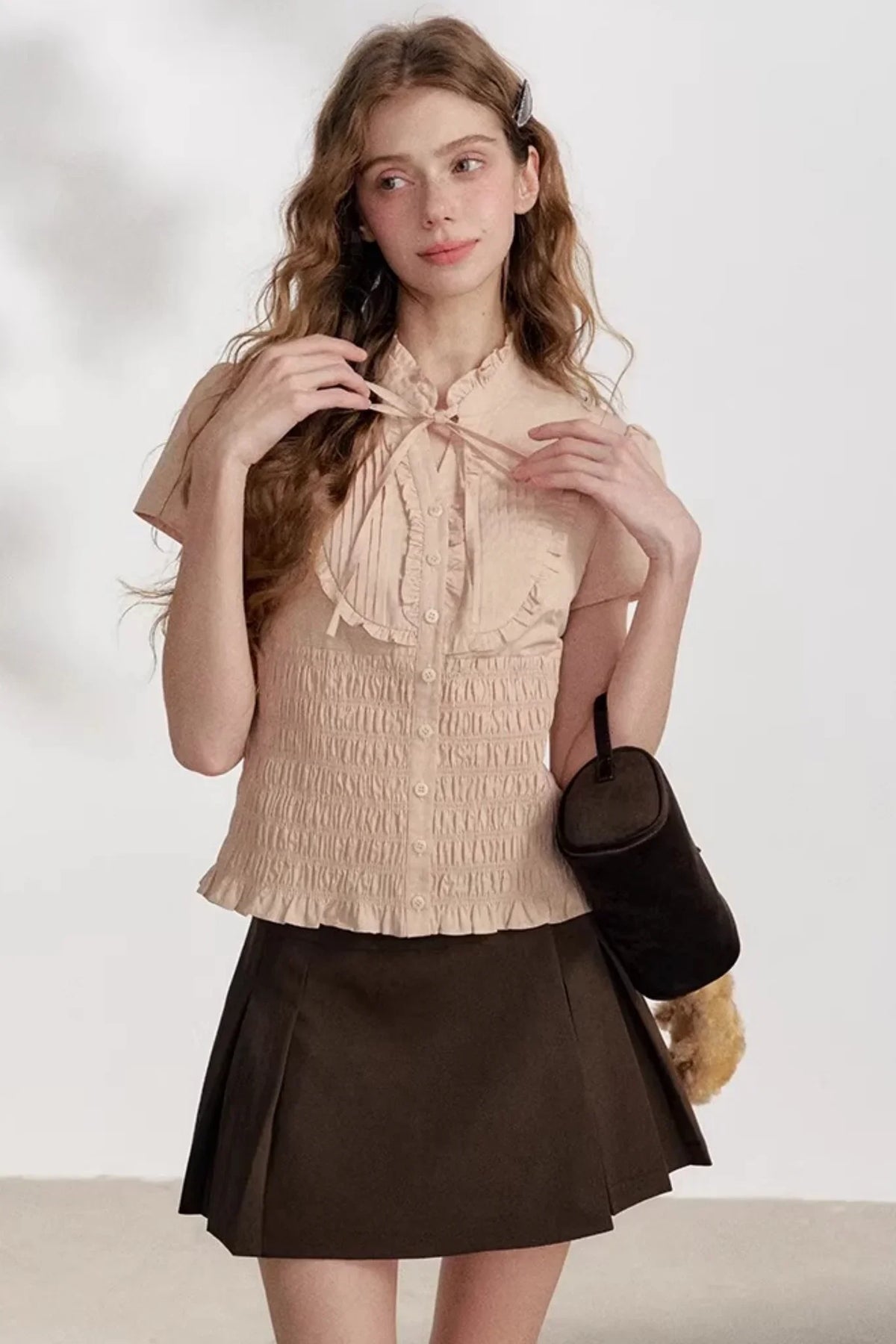 High-Waisted Coffee Pleated Skirt