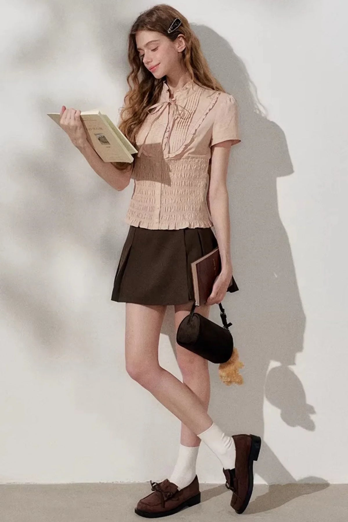 High-Waisted Coffee Pleated Skirt