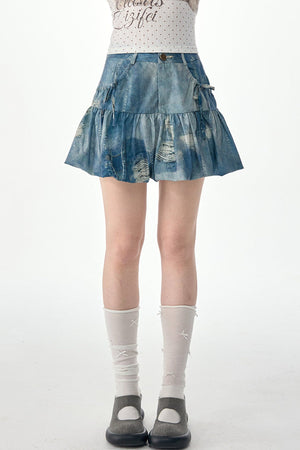 High-Waisted Distressed Denim Puffy Mini Skirt