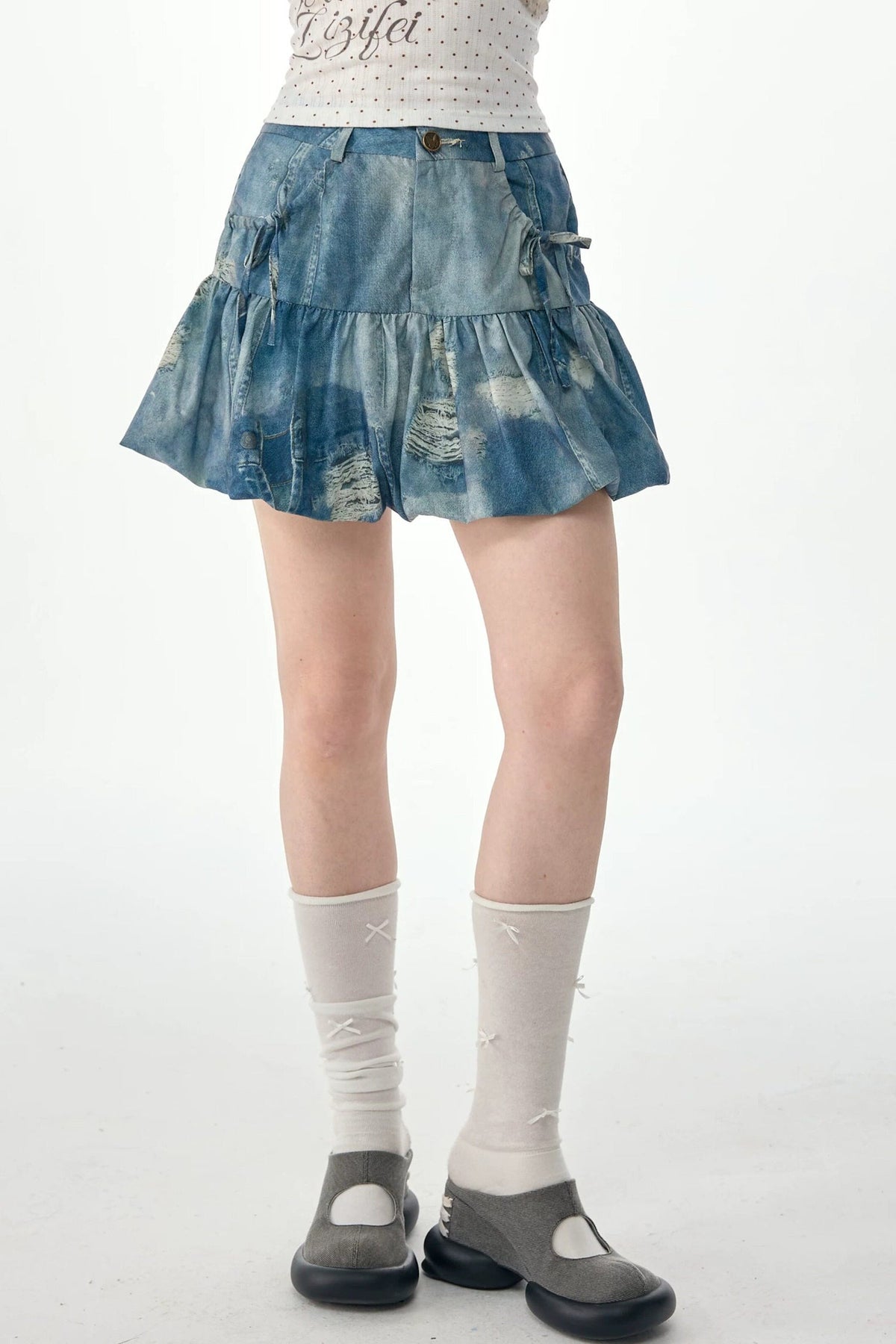 High-Waisted Distressed Denim Puffy Mini Skirt