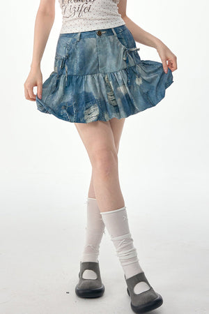 High-Waisted Distressed Denim Puffy Mini Skirt
