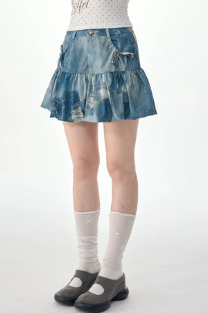 High-Waisted Distressed Denim Puffy Mini Skirt
