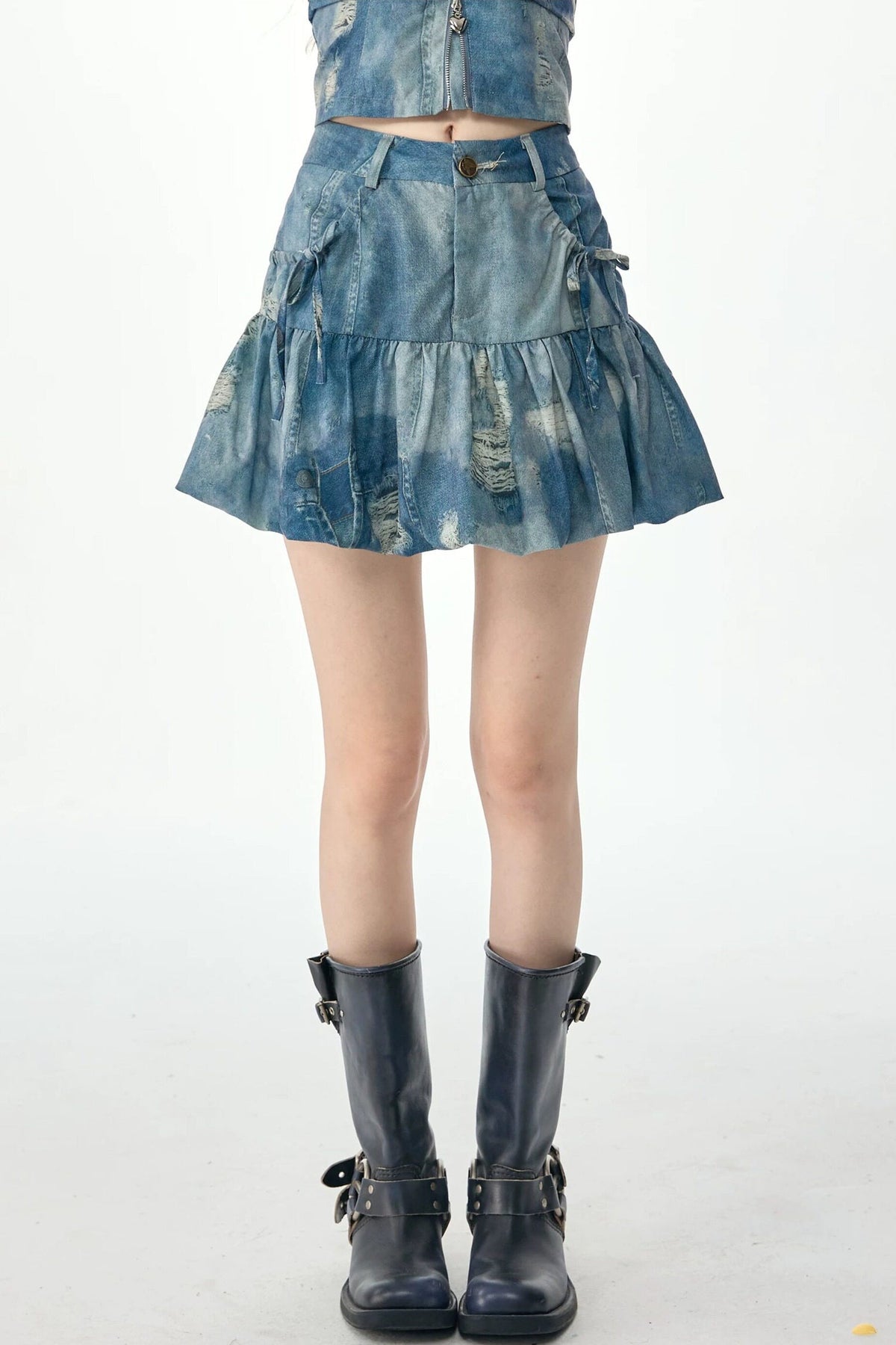 High-Waisted Distressed Denim Puffy Mini Skirt
