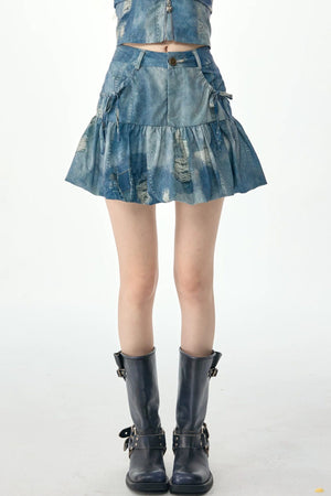 High-Waisted Distressed Denim Puffy Mini Skirt