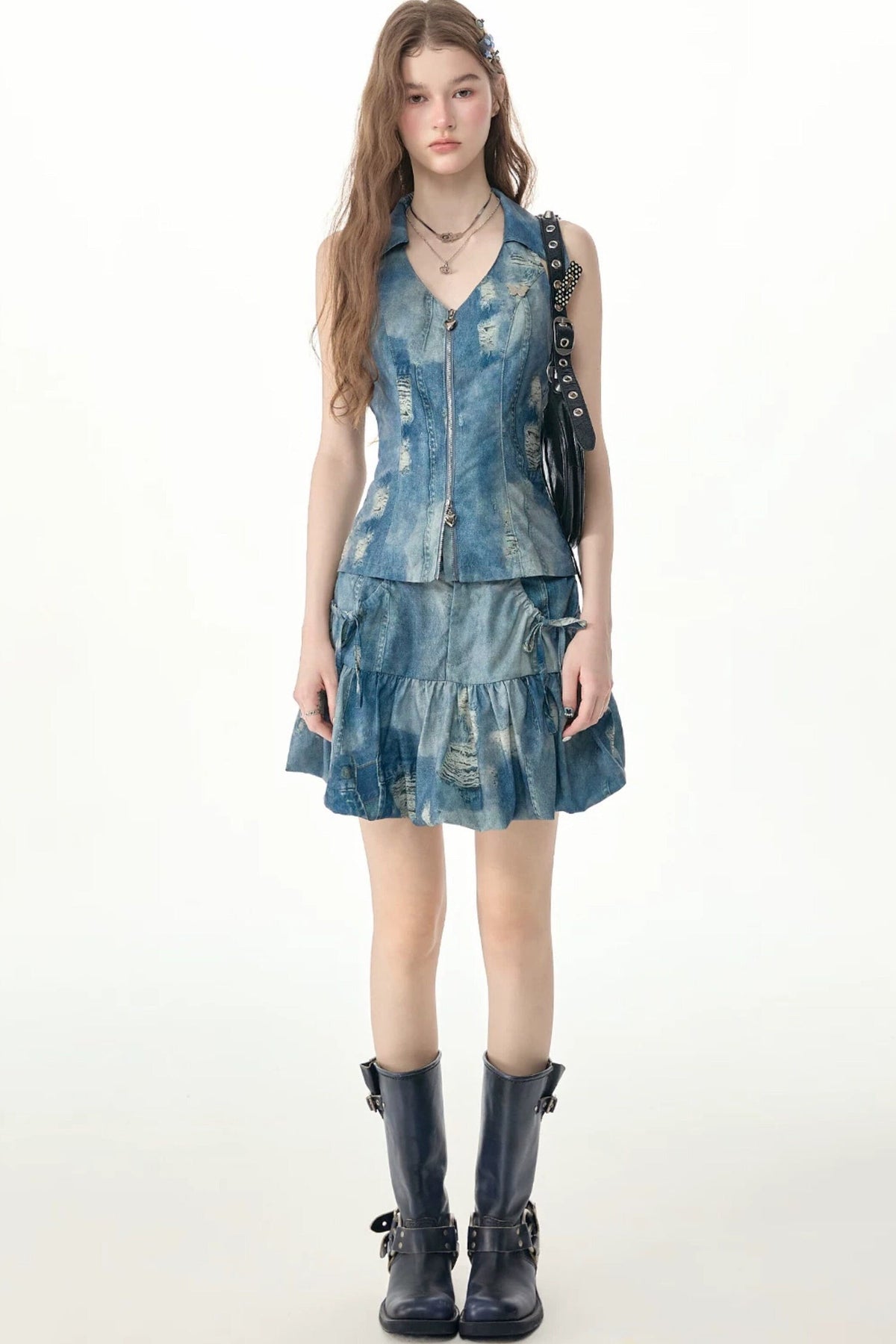 High-Waisted Distressed Denim Puffy Mini Skirt