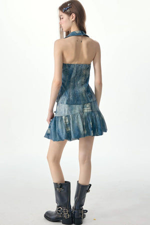 High-Waisted Distressed Denim Puffy Mini Skirt
