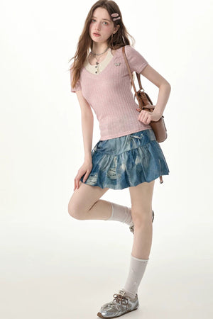 High-Waisted Distressed Denim Puffy Mini Skirt