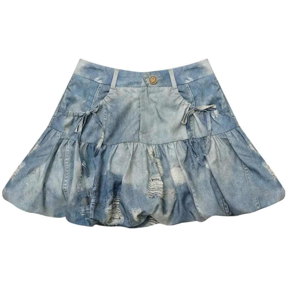 High-Waisted Distressed Denim Puffy Mini Skirt