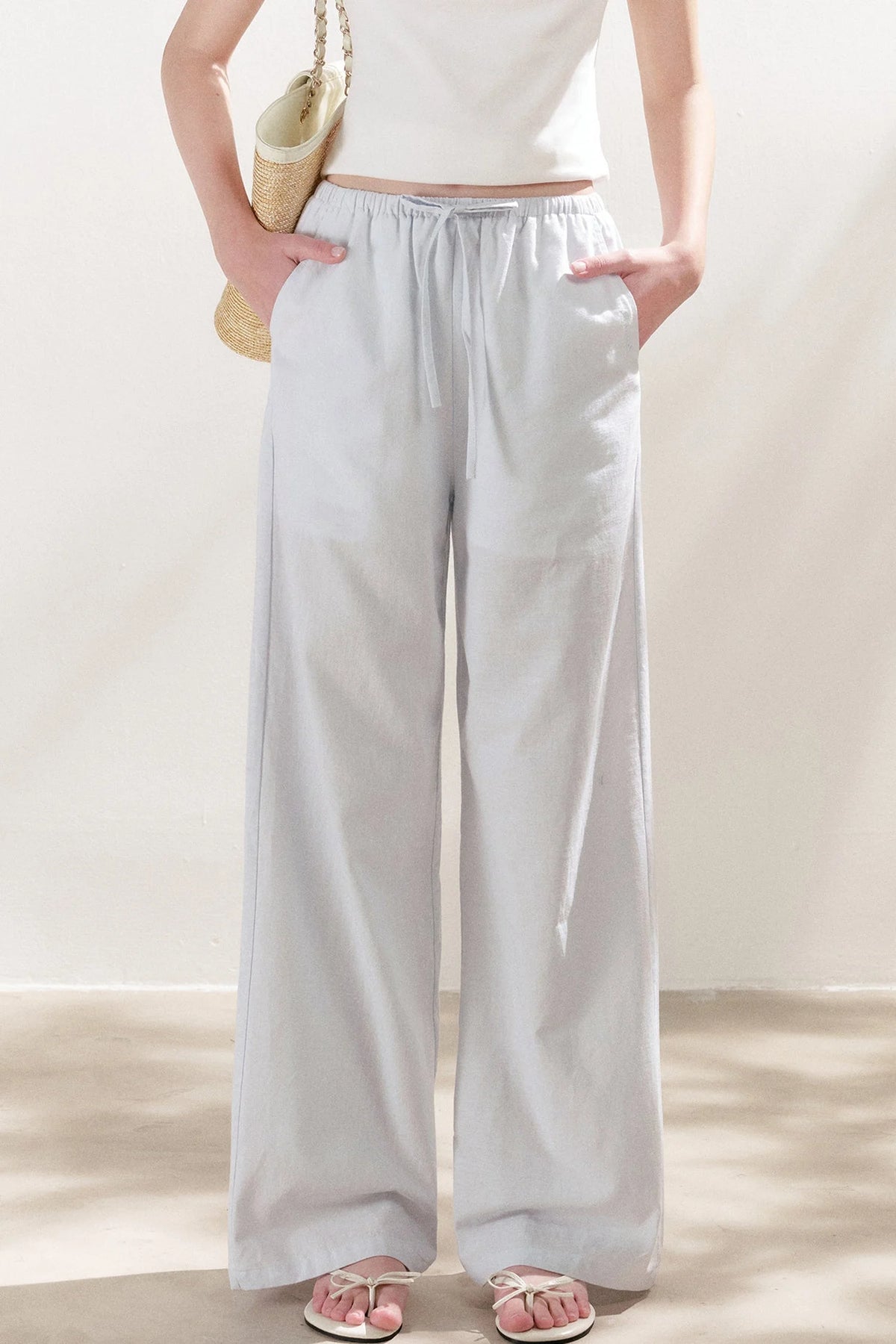 High-Waisted Linen Cotton Drawstring Wide-Leg Pants