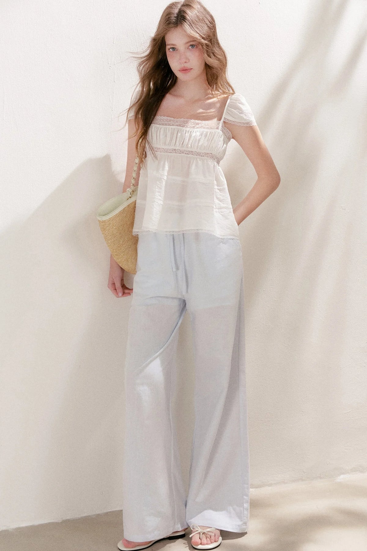 High-Waisted Linen Cotton Drawstring Wide-Leg Pants