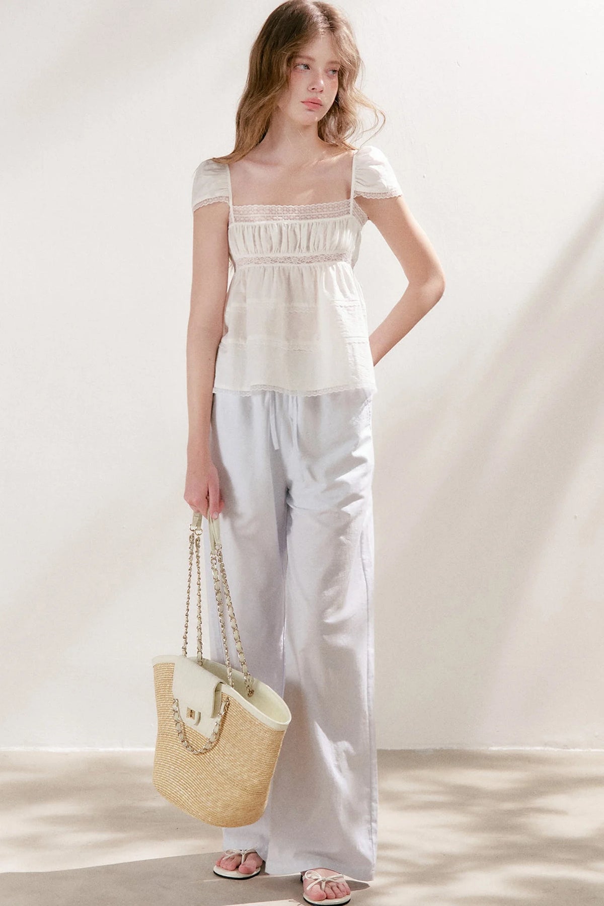 High-Waisted Linen Cotton Drawstring Wide-Leg Pants